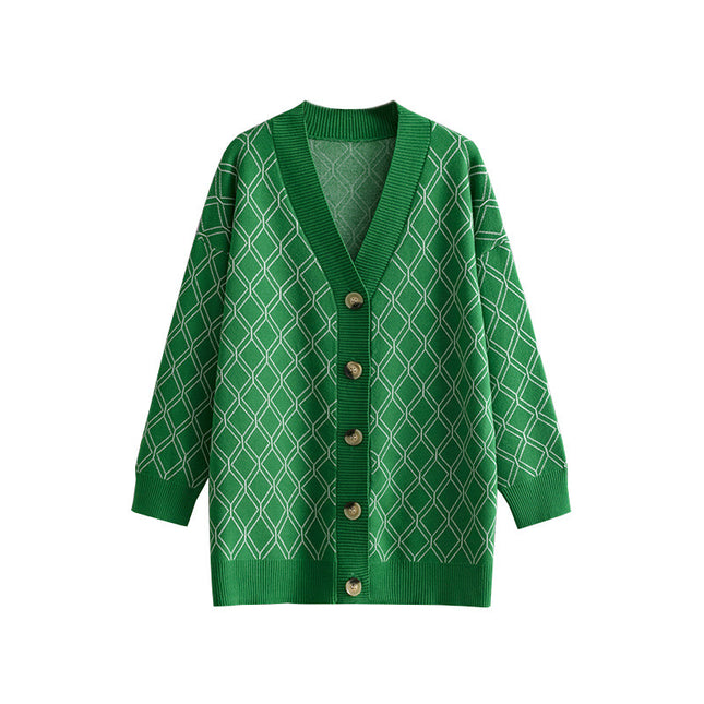 V-neck Cardigan Sweater Casual Loose Diamond Plaid Sweater Coat