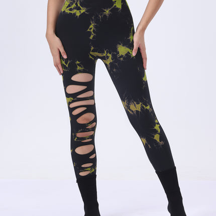 Butt Lifting Yoga Gym Athletic Pants, Hollow Out Tummy Control Sports Leggings Tie Dye Running Pants