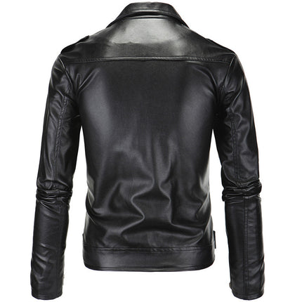 Slim Casual Leather Jacket With Lapel Diagonal Zipper