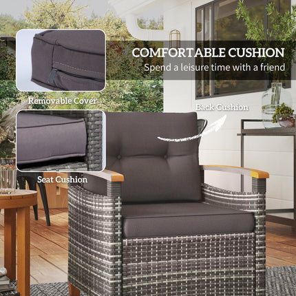Buitelug Bistro Stel Rattan Stoepmeubels Met Kussings Vir Stoepe, Agterplaas, Tuin, Grys
