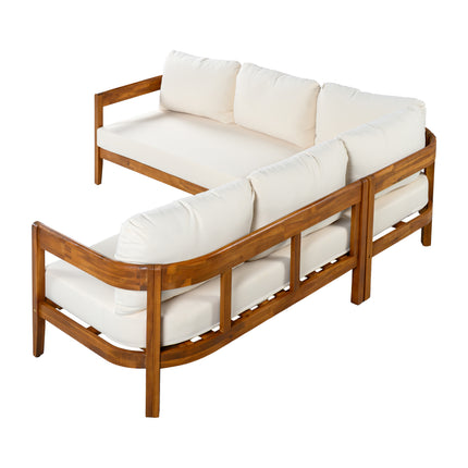 U-Style Acacia Hardehout Patio Meubelstel - Buitelug Patio Gesprek Meubelstel Met 6 Sagte Sitsplekkussings En Rugsak - Weerbestande Buitelug Patiobank Met Boograam, Vir Agterplaas, Tuin.