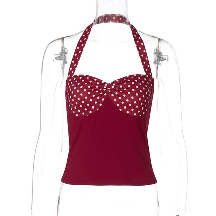 European And American Pure Desire Contrast Color Dot Design Sense Halter Backless Top
