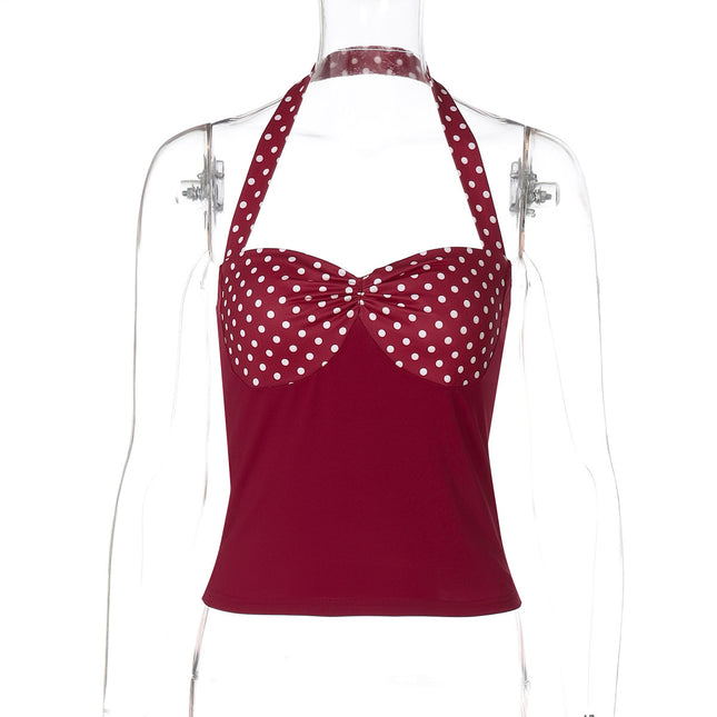 European And American Pure Desire Contrast Color Dot Design Sense Halter Backless Top