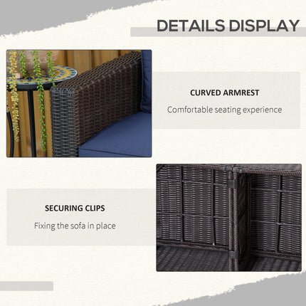 2 Stuk Patio Rattan Hoekbankstel, Buiten PE Rattan Meubels, met Geboë Armleunings en Gevulde Kussings vir Balkon, Tuin of Grasperk, Donkerblou