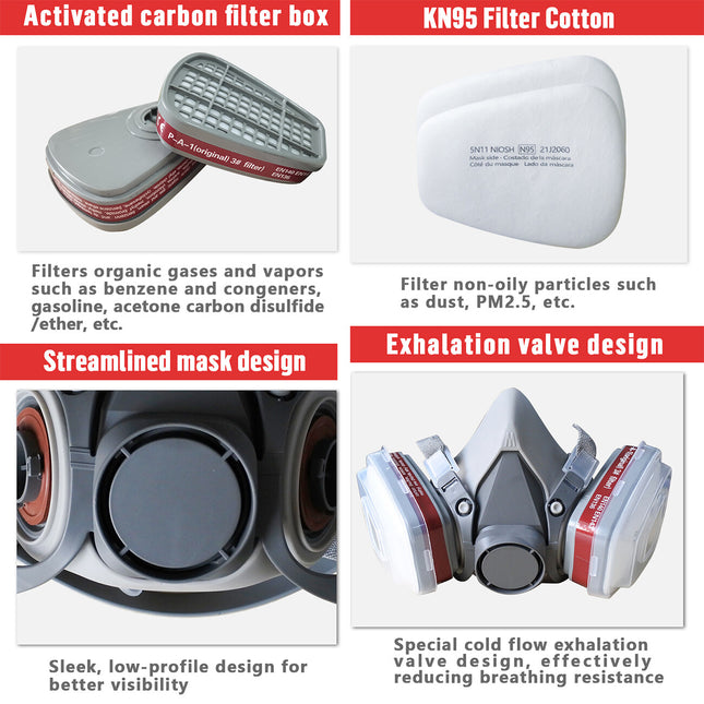 7-in-1 Halwe Gesig Gasmasker Gesigstuk Spuitverf Respirator Herbruikbare Veiligheidspak Vir 6200 Met Filter Chemiese En Ander Werkbeskerming
