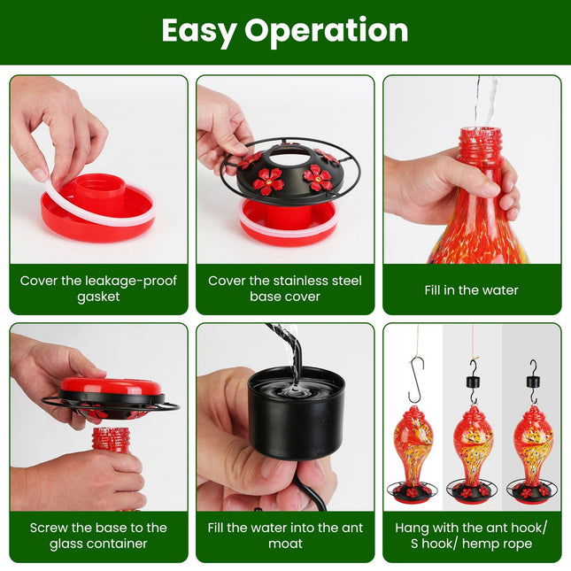 1Pc Glass Hummingbird Feeder 33OZ Hand Blown Hummingbird Feeder With 5 Flower Feeding Port Perch Ant Moat Hanging Hook S Hook Hemp Rope Cleaning Brush For Garden Decor