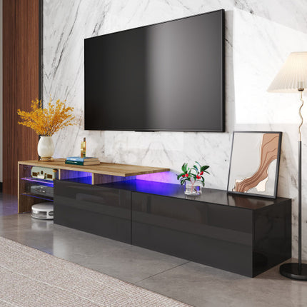 Moderne TV-Kabinetsontwerp Stylvol en Elegant, Praktiese Bergingsruimte, Swart en Hout Voorkoms, Glasrakke, LED-Beligting