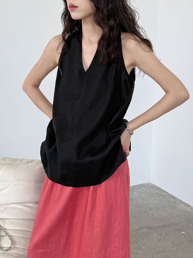 French Linen V-neck Halter Vest For Women