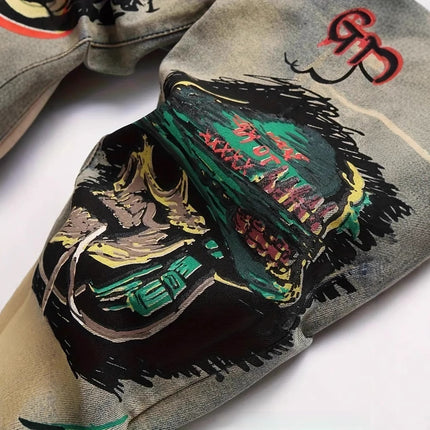 Slim-fit Stretch Ripped Embroidered Vintage Patch Jeans