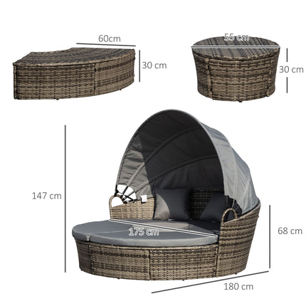 Outdoor PE Rattan Garden Furniture With Cushioned, Patio Wicker Conversation Furniture Set, Round Daybed With Retractable Canopy, Coffee Table And Three Pillows, Dark GreyGrey