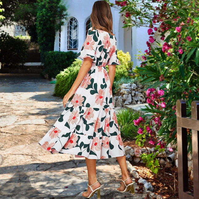 Fashion Women's Sexy Print Dress With Short Sleeves V-neck