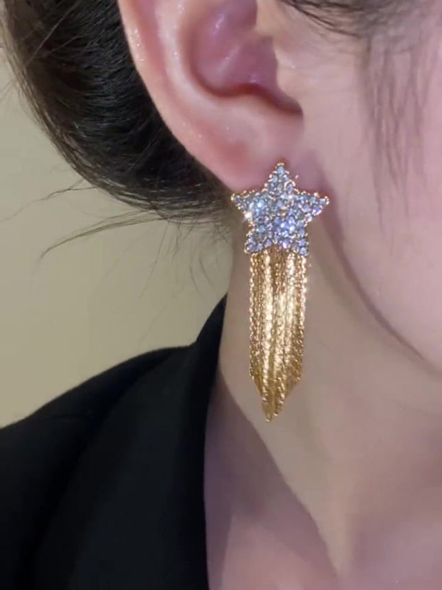 Rhinestone Pentagram Tassel Earrings