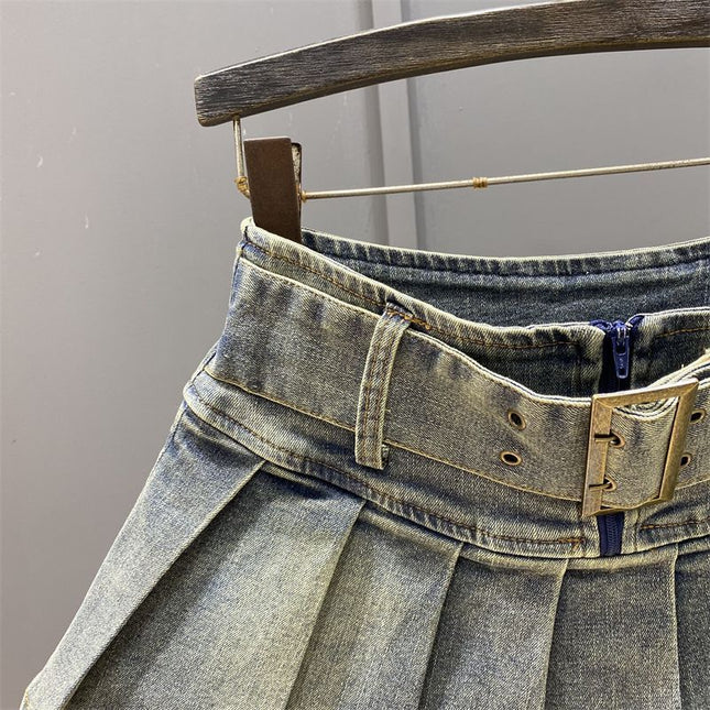 Hot Girl Retro Blue Low Waist Pleated Skirt