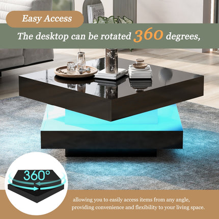 Wit Vierkant Hoogglans Koffietafel Met 360 Grade Draaiende Bo-oppervlak, Teetafel Met 16-Kleur LED-lig, 70x70x36 Cm