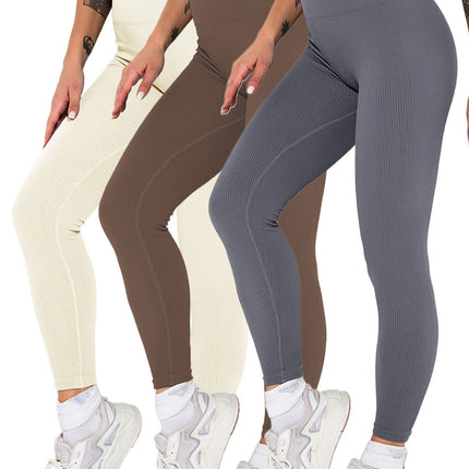 3 Pack Womens Seamless Ribbed Leggings Soft Slimming Yoga Pants, Ribbed Yoga Pants High Waisted Gym Leggings Sport Women Fitness Seamless Female