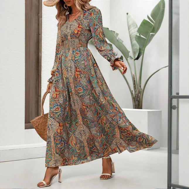 Women's V-Neck Retro Geometric Print Flounce Sleeve Dress - A-Line Maxi Dress With Smocked Waist For Spring&Summer