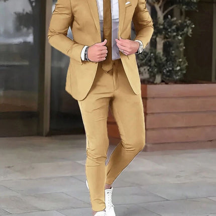 Two-piece Solid Color Slim-fit Coat Suit Pants