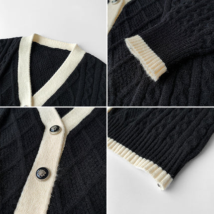 Retro Contrast Color V-neck Knitted Cardigan Women