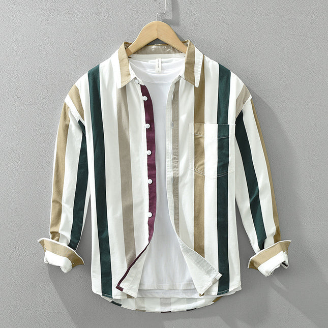Striped Long Sleeve Shirt Men's Versatile Leisure Artistic Loose Square Collar Top