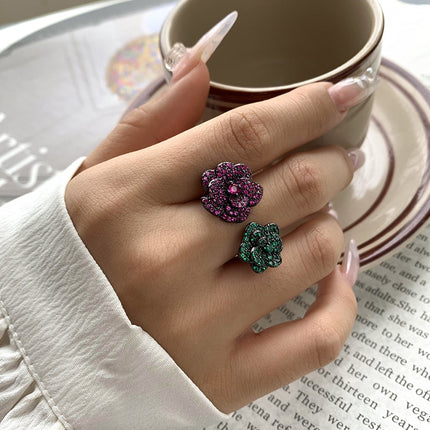 Ornament Copper Sole Golden Plate Red Corundum Black Gold Flowers Personality Female Ring