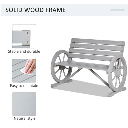 41" Wooden Wagon Wheel Bench, Rustic Outdoor Patio Weather Resistance Furniture, 2-Person Slatted Seat Bench with Backrest, Light Gray