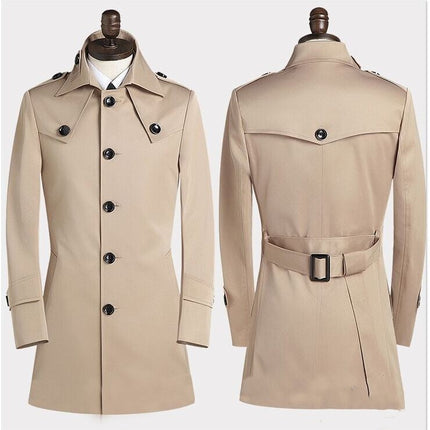 Men's Lapel Trench Coat Korean Version Slim Single Breasted Medium Length