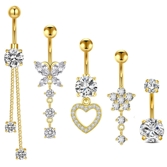 14G Stainless Steel Zircon Heart-shaped Women's Belly Ring Butterfly Pendant