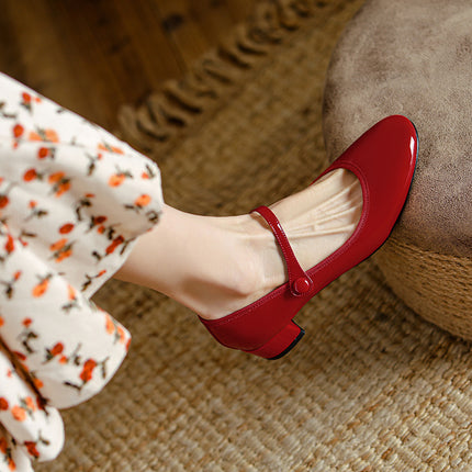 Dames Stewige Hak Retro Leer Rondekop Pompe