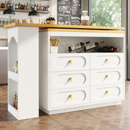 360 Roterende Kroegtafel Hoofgedeelte 137 X 39 X 90 Cm, Koffiekroegmeubels, Roterende Eetkroeg Met Berging, Kombuiseiland, Met Speseryrak, Ses Laaie, Oop Bergingspasie, Wit
