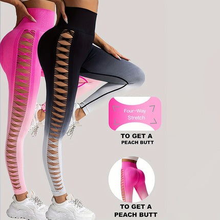2 Pack Cut Out Ombre Gradient Color Hollow High-waist Butt-lifting Fitness Women's Yoga Pants, Women's High Waist Yoga Pants Cutout Ripped Super Soft And Comfortable Skinny