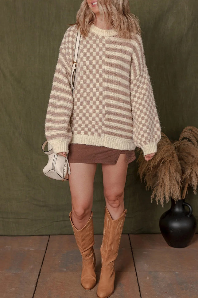 Khaki Stripe Checkerboard Drop Shoulder Balloon Sleeve Sweater