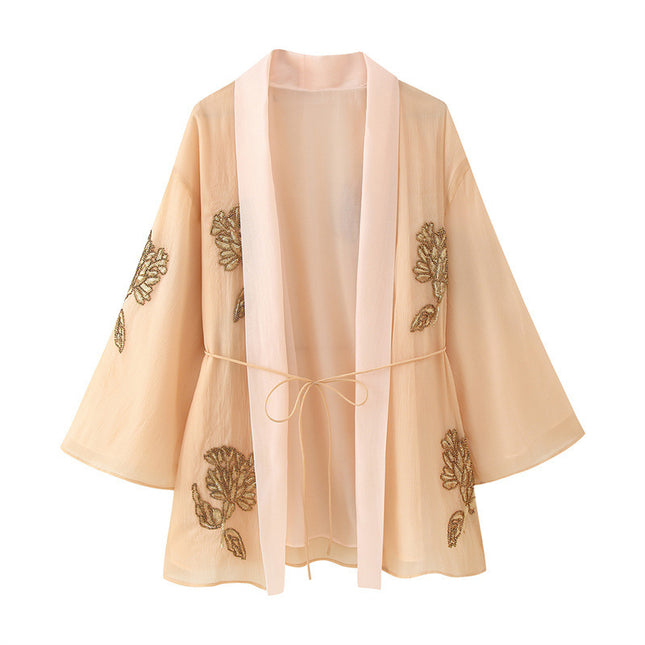 Beaded Silk Blended Short Kimono Coat