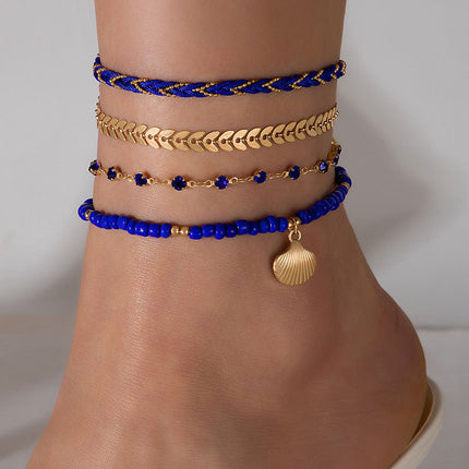 4 stuks Stel Boheemse Geweefde Tou Voetketting Vir Mans En Vroue Geometriese Legering Swart Krale Druppelolie Enkelband Stel Somer Modejuweliersware