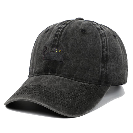 Black Cat Embroidered Washed Baseball Cap Sun Hat
