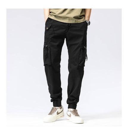 Casual Pants Trendy Brand Elastic Waist Men's Youth Simple Pure Cotton Multi-pocket Work Pants Trousers Ankle-tied