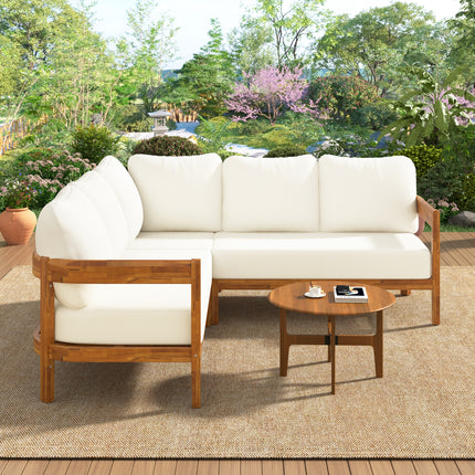 U-Style Acacia Hardehout Patio Meubelstel - Buitelug Patio Gesprek Meubelstel Met 6 Sagte Sitsplekkussings En Rugsak - Weerbestande Buitelug Patiobank Met Boograam, Vir Agterplaas, Tuin.
