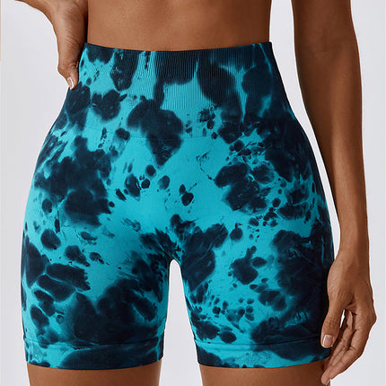 High Waist Tummy Control Yoga Shorts For Women, Tie-Dye Ruched Booty Lifting Workout Fitness Shorts, Hip Lifting Sports Activewear, Gym Exercise Running Shorts