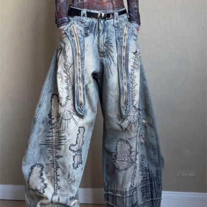 Plus Size Street Men's Random Needle Embroidery Stain Jeans