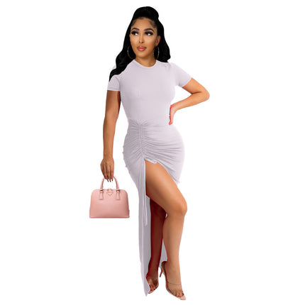 Women's Knit Pit Fabric Drawstring Short Sleeve Dress