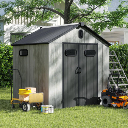 6x6 VT Buiteharsbergingstoets, Waterdigte Plastiektuinwerktuigskuur Met Sluitbare Deur, Vensters & Ventilasie, Buite Berging Werktuigskuur Vir Patio Meubels, Grassnyer, Fiets