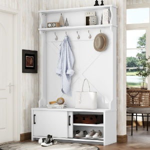 Hall Tree With Top Shelf And Storage Bench, Hallway Shoe Cabinet With Sliding Doors, Coat Rack With 5 Hanging Hooks For Entryways Hallways