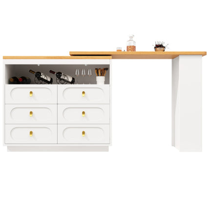 360 Roterende Kroegtafel Hoofgedeelte 137 X 39 X 90 Cm, Koffiekroegmeubels, Roterende Eetkroeg Met Berging, Kombuiseiland, Met Speseryrak, Ses Laaie, Oop Bergingspasie, Wit