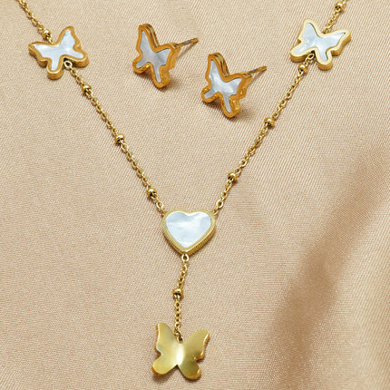 Lxalry 18K Gold Plated Stainless Steel Butterfly Jewelry Set  Hypoallergenic Tarnish Free Mirror Necklace   Earrings Symmetrical Wing Design With Heart Clasp, Skin Safe Luxury Gift For Her  Golden Ho