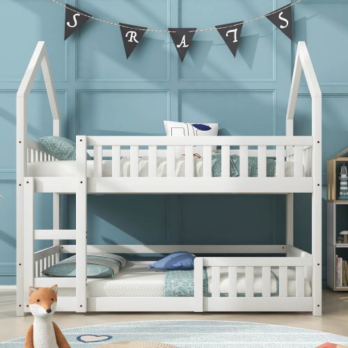 Stapelbed, Dubbelslaperbed Met Leer, Soliede Houtraam 3FT Enkelbed, Speletjiebed, Kasteelvormige Bed 90 X 190 Cm Kinderbedkamermeubels, Houtbedraam Vir Kinders Wit