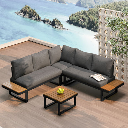 4-5 Sitplek Tuin Sitkamerstel, Gegalvaniseerde Ysterraam Buitenstoepmeubels, 4-stuk Stel, Kantelbare en Verstelbare Sitplek, WPC Tafelbladtafel Ingesluit, Grys Stof Swart Raam