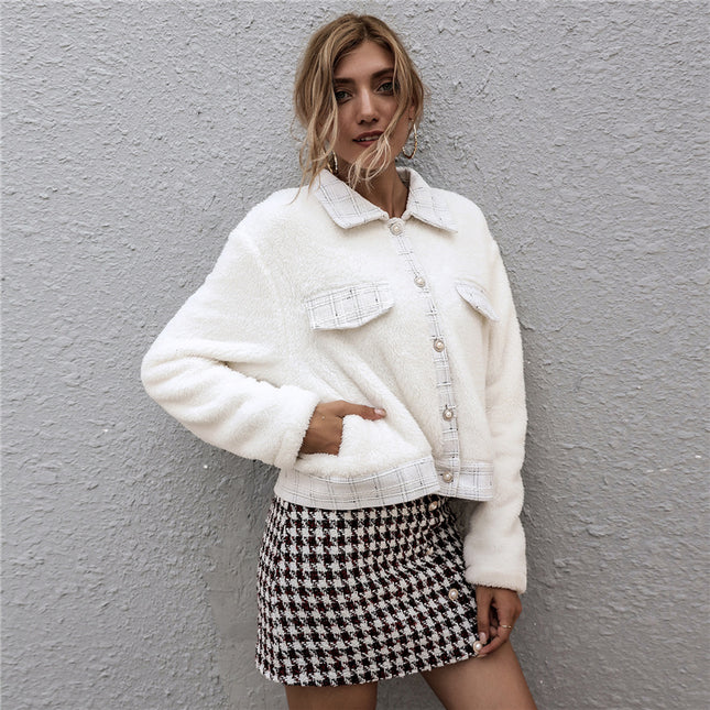 Button Down Lapel Pocket Blouse Woolen Jacket For Lady