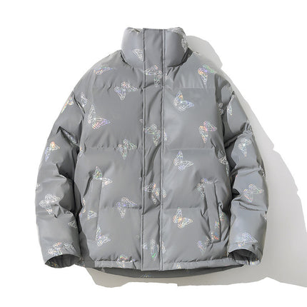 Men's Stand Collar Reflective Print Cotton Jacket