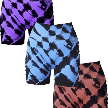 3 Pack Women's Side Cut-Out Tie-Dye Seamless Hip Lift High Waist Sports Fitness Yoga Shorts