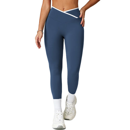 Nude Feel Skinny Yoga Pants Cross High Waist Contrast Color Women