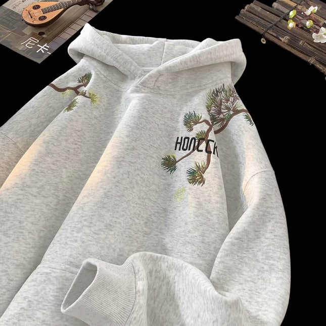 National Style American Heavy Plus Velvet Gray Hooded Sweater